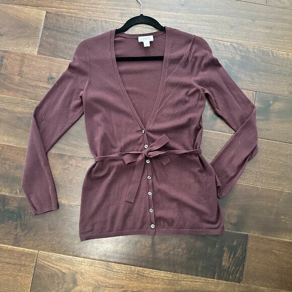 LOFT Maroon Burgundy Tie Front Button Up Cardigan Sweater Top Size Medium - Picture 3 of 8